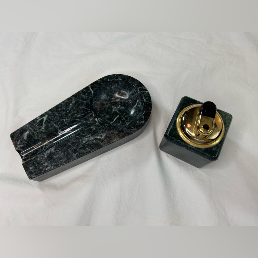 Vintage Dark Green Marble Cigar Ashtray & Lighter Desk‎ Set